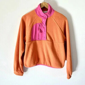 Hippie Rose Orange & Pink Combo Fleece Half Snap Button Cropped Pull-On Top XS